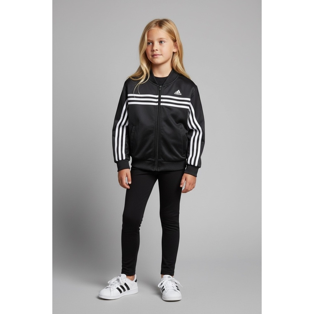 Adidas Girls 7-8‎ Bat Wing Track Jacket Black White 3 Stripe Zip Front Bomber